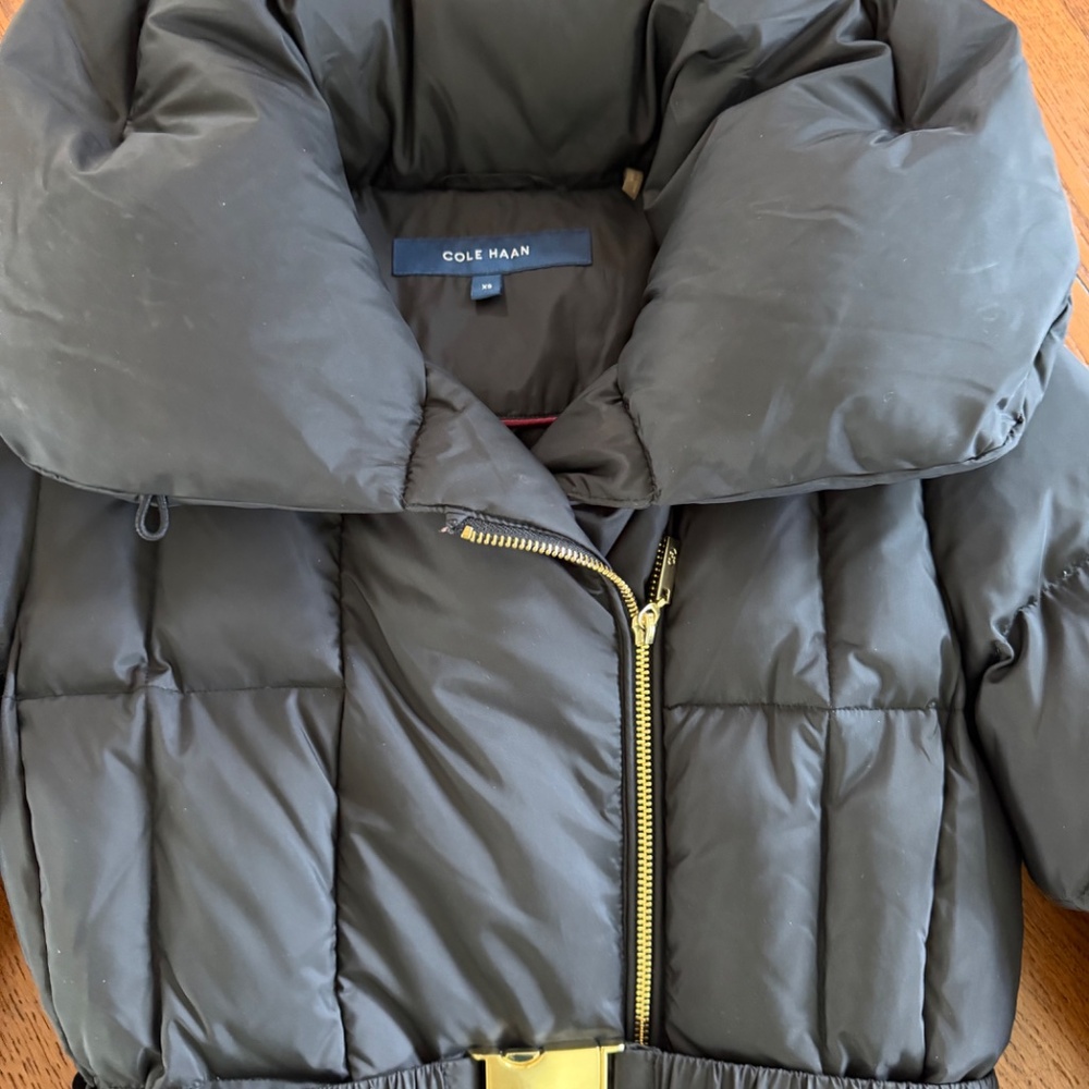 Black Cole Haan Down puffer jacket coat, gold trim zipper, buckle EUC,XS - Picture 2 of 5
